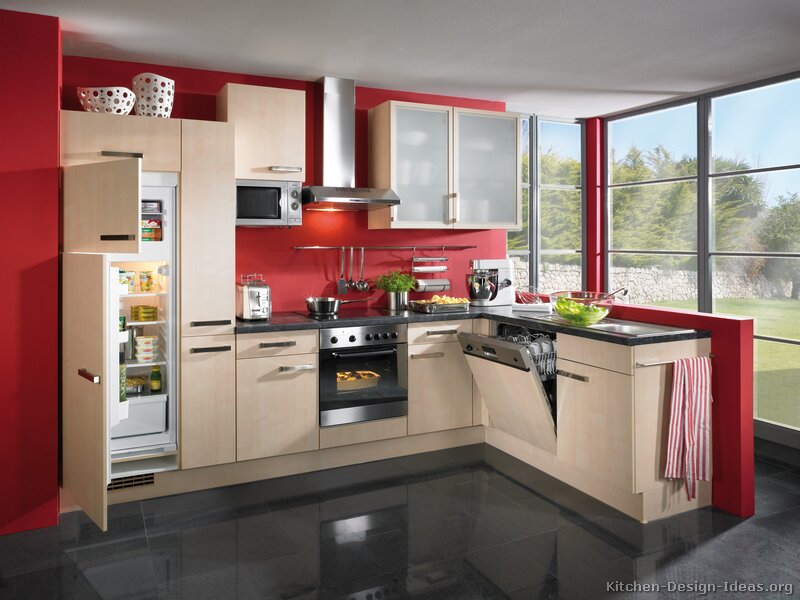 Kitchen cabis modern light wood ab red walls dark tile floor ...